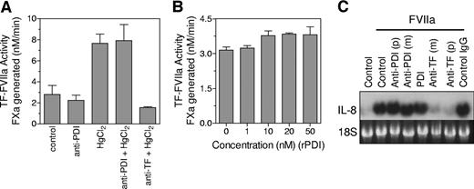 Figure 5. PDI antibodies or exogenously added PDI failed to alter TF-FVIIa coagulant and cell signaling activities. (A). MDA-MB-231 cells were incubated with control IgG, anti-PDI IgG (100 μg/mL), or anti-TF IgG (50 μg/mL) for 30 minutes and then treated with control vehicle or HgCl2 (25 μM) for 15 minutes. TF-FVIIa coagulant activity was determined as described in Figure 1 legend. (B) MDA-MB-231 cells were incubated with control vehicle or various concentrations of recombinant PDI for 30 minutes before TF-FVIIa coagulant activity was measured. (C) MDA-MB-231 cells were incubated with control IgG, anti-PDI IgG, recombinant PDI (10 nM), or anti-TF IgG for 30 minutes and then treated with FVIIa (10 nM) for 1 hour. TF-FVIIa-induced IL-8 gene expression was determined by Northern blot analysis. p denotes polyclonal antibodies (100 μg/mL) and m, monoclonal antibodies (RL77 for PDI and 10H10 for TF, 10 μg/mL). (A,B) Data are expressed as mean plus or minus SEM (n = 3).