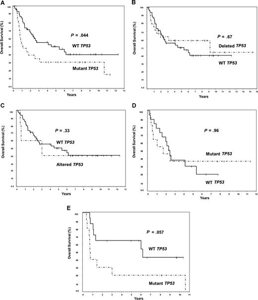Figure 2. TP53mutation predicts for poor overall survival in DLBCL. (A) Overall survival of patients with TP53 mutations versus those with WT TP53. (B) Overall survival of patients with TP53 deletions versus those with WT TP53. (C) Overall survival of patients with TP53 alterations (combined mutations, deletions, or both) versus those with WT TP53. (D) Overall survival of mutant and WT TP53 patients within the ABC subtype of DLBCL. (E) Overall survival of patients with mutant and WT TP53 within the GCB subtype.