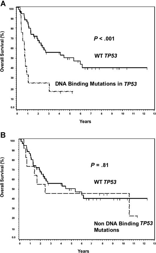 Figure 3. The subset of DNA-binding codon mutations accounts for poor overall survival in DLBCL. (A) Overall survival of patients with DNA-binding codon mutations is significantly worse than patients with WT TP53. (B) Overall survival of patients with non–DNA-binding mutations is no different from patients with WT TP53.