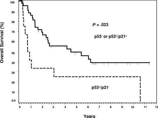 Figure 5. Predictive value of p53+/p21− phenotype for overall survival in DLBCL. Patients with the p53+/p21− phenotype have a significantly worse survival compared with those with other phenotypes (P = .023).