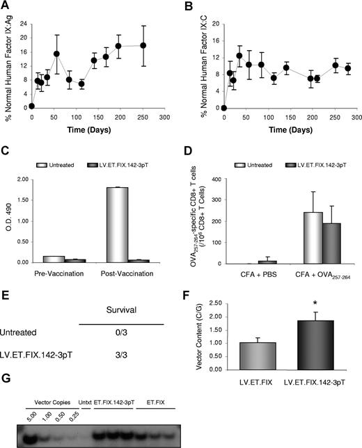 Figure 4. miR-142-3p–regulated LV mediates stable hF.IX gene expression and correction of hemophilia B mice. (A) Measurement of hF.IX:Ag in hemophilia B mice treated with 5 × 108 IU of LV.ET.FIX.142-3pT. Results are presented as the mean plus or minus SEM (n = 7/group). This includes evaluation of 2 different preparations of LV.ET.FIX.142-3pT and 3 different cohorts of hemophilia B mice. (B) Measurement of hF.IX:C by activated partial thromboplastin time (aPTT) in the same hemophilia B mice as shown in panel A. Results are presented as the mean plus or minus SEM (n = 7). (C) ELISA immunoassay of mouse plasma (1:100 dilution) to detect anti-hF.IX antibodies before (white bar) and after (gray bar) vaccination with hF.IX. Quantification was performed by analysis of absorbance at optical density (OD) 490 nm. Results are presented as the mean plus or minus SEM (n = 3/group). (D) Measurement of anti-OVA257–264 CD8+ T cells. Untreated () and LV.PGK.FIX.142-3pT–treated () hemophilia B mice (n = 3/group) were immunized with the immunodominant epitope of OVA, OVA257-264, in complete Freurd adjuvant. The frequency of anti-OVA257-264 CD8+ T cells was measured by ELISPOT assay. Results are presented as the mean plus or minus SEM. (E) Tail transection was performed on LV.ET.FIX.142-3pT–treated and untreated hemophilia B mice (n = 3/group). Mice were monitored for 24 hours to assess survival. (F) Measurement of LV content in the liver of hemophilia B mice by qPCR at more than 280 days after injection (n = 7/group). Results are presented as the mean plus or minus SEM (*P < .05). (G) Measurement of LV content in the liver of hemophilia B mice by Southern blot analysis at more than 280 days after injection. Analysis was performed on the livers of 3 mice per treatment group. Untxt indicates untreated.