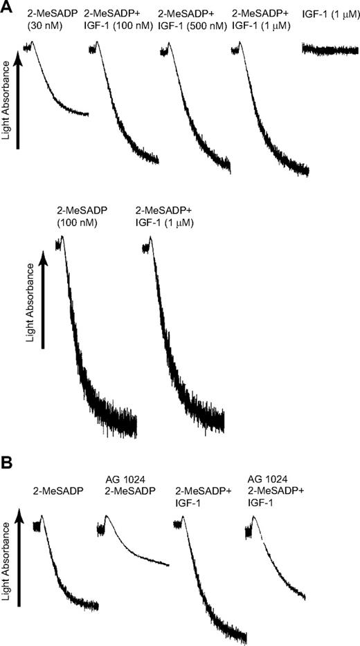 Figure 1. The effect of IGF-1 on 2-MeSADP–induced platelet aggregation. (A) Aspirin-treated, washed human platelets were stimulated with different concentrations of 2-MeSADP, IGF-1, or the combination of both agonists as noted, and platelet aggregation was measured as described in “Platelet aggregation.” All aggregations tracings were performed in the presence of 1 mg/mL fibrinogen. (B) Platelets were preincubated at 37°C for 10 minutes with 100 μM AG 1024 prior to the stimulation of the platelets. Platelets were stimulated with 30 nM 2-MeSADP or a combination of 30 nM 2-MeSADP and 100 nM IGF-1, as noted. All aggregation tracings are representative of at least 3 experiments from different donors.