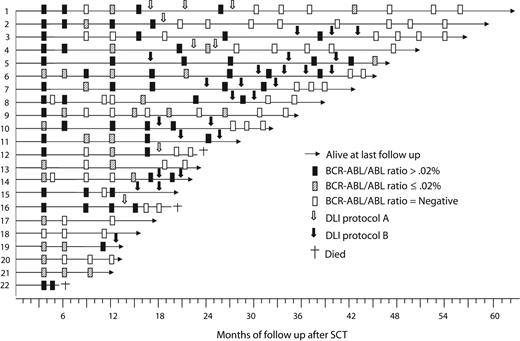 Figure 1. Sequential response to treatment as assessed by quantitation of BCR-ABL transcript numbers in the 22 trial patients.