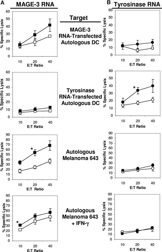 Figure 7. Lytic activity of CTLs generated from patient 643. Autologous iDCs were transfected with either CsiRNA (□/○) or iPsiRNA (■/●). After the induction of DC maturation, these DCs were transfected with either MAGE-3 RNA (A) or tyrosinase RNA (B) and then used to stimulate autologous T cells in culture. After 1 restimulation, lytic activity was determined in duplicate against autologous DCs transfected with RNA encoding either MAGE-3 or tyrosinase, and against the autologous melanoma cell line 643 left untreated or preincubated with IFN-γ for 3 days in culture. Results are plotted as mean values (± SD); *P < .05.