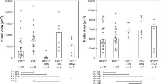 Figure 4. Neointimal and medial areas of carotid arteries from HCII+/+ and HCII−/− mice 3 weeks after injury. Some mice were given 4 equal doses of dermatan sulfate (+ DS, 20 μg/g body weight) or heparin (+ Hep, 0.125 μg/g body weight) 10 minutes, 12 hours, 24 hours, and 48 hours after injury. The columns indicate the median values for each group.