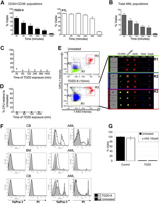 Figure 4. TDZD-8 induces cell death with extremely rapid cell death kinetics showing loss of membrane integrity. (A) Percent viability assessed at the indicated time points for CD34+CD38− populations of primary AML specimens (n = 8) treated with TDZD-8 (■) or PTL (□). Percent viability is represented relative to untreated control. (B) Percent viability assessed at the indicated time points for unfractionated primary AML specimens (n = 17) treated with TDZD-8. Percent viability is shown relative to untreated controls. Error bars represent SEM. (C) Cells were treated with 20 μM TDZD-8 for the indicated periods of time, then washed and placed in culture until analysis at 24 hours. Percent viability represented relative to untreated control. (D) Percentage of CFUs relative to untreated control. Cells were washed and placed in methylcellulose culture medium at the indicated time points after the addition of TDZD-8. (E) Loss of membrane integrity assessed by YoPro-1 uptake after 15 minutes of TDZD-8 treatment. Multispectral imaging flow cytometry shows the internalization of YoPro-1. Cells were stained with CD45 to delineate the plasma membrane and with the cell-permeable DNA dye Draq5 to identify the nucleus. (F) Flow cytometric histograms for YoPro-1 and PI overlaying TDZD-8–treated (20 μM for 15 minutes) normal mononuclear cells or primary AML cells over untreated controls. Treated cells are represented with black line histograms and untreated controls with gray solid histograms. (G) Percent viability of primary AML cells pretreated with Z-VAD (□) for 1 hour before the treatment with TDZD-8 20 μM. Viability was determined 24 hours after the addition of TDZD-8. Error bars represent the SEM.