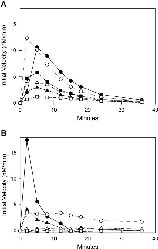 Figure 7. Inhibition by anti-C2 MAbs of the activation of fVIII by thrombin or factor Xa. (A) FVIII (1 nM) was incubated for 2 hours at 37°C in the absence (closed symbols) or presence (open symbols) of 10 μg/mL VWF and in the absence (○) or presence of 130 nM 2–77 (group BC) (▵) or ESH8 (group C) (□). The fVIII sample was diluted 0.5 nM in 1.5 nM factor IXa/20 μM PCPS and thrombin (0.55 nM) was added for the indicated times, followed by measurement of the initial velocity of factor X activation as described in “Intrinsic fXase assays for measurement of fVIIIa activity.” (B) FVIII (4 nM) was incubated for 2 hours at 37°C in the absence (closed symbols) or presence (open symbols) of 40 μg/mL VWF and in the absence (○) or presence of 520 nM 2–77 (group BC) (▵) or ESH8 (group C) (□). The fVIII sample was diluted to 2 nM and activated with 2.5 nM factor Xa in the presence of 1.5 nM factor IXa/20 μM PCPS for the indicated times, followed by measurement of the initial velocity of factor X activation as described in “Intrinsic fXase assays for measurement of fVIIIa activity.”