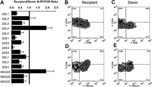 Figure 1. NK cells reconstituted 100 days after allogeneic transplantation are more frequently CD56bright and display a distinctive repertoire of NK-cell receptors compared with the donor's NK cells. (A) Comparison of NKR expression in blood mononuclear cells of recipients 100 days after transplantation and their donors, as assessed by Q-RT-PCR of 15 individual NKR genes. For each gene the mean recipient/donor ratio obtained from analysis of 32 transplant pairs is shown. Not all KIR were analyzed for all transplant pairs, because one or more KIR genes were absent from the donor KIR genotype. Variation in the number of NK cells in the mononuclear cell fractions was corrected by normalization of the NKR transcript numbers to the NCAM (CD56) transcript number. Error bars indicate standard error of the mean (SEM). (B-E) Flow cytometric analysis comparing the surface expression of KIR (B-C) and NKG2A (D-E) on CD56+CD3− gated NK cells from one representative transplant recipient (panels B,D) and the donor (panels C,E). The proportion of cells in each of the 4 quadrants is given as a percentage. The KIR analysis used a cocktail of the EB6, GL183, and DX9 mAbs.