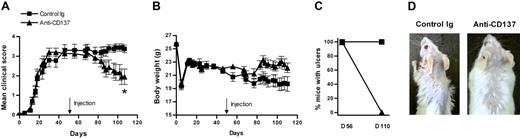 Figure 3. Anti-CD137 has a therapeutic effect in mice with more severe cutaneous GVHD. (A) Anti-CD137 (200 μg per mouse) was administered one time 56 days after induction of cGVHD. Fifty-four days later, clinical scores for each mouse were evaluated. Data were combined from 2 experiments (n = 14 for control Ig group; n = 15 for anti-CD137 group). (A) Changes of mean clinical scores. *P < .05, between the 2 groups. (B) Changes of body weight. (C) Comparison of the percentage of mice with ulcers between day 56 and day 110 after disease induction. (D) Gross observation of the skin lesions in the posterior neck area. The experiment was repeated and similar results were obtained.
