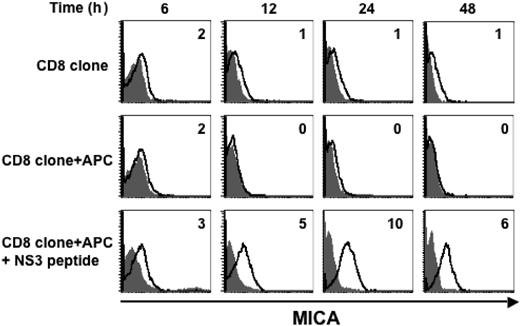 Figure 4. MICA is induced on secondary antigenic stimulation. An HLA-A2–restricted CD8+ T-cell clone was cultured alone or with an autologous B lymphoblastoid cell line (APC) pulsed or not with the NS31406-1415 specific peptide derived from hepatitis C virus. Cells were harvested after 6, 12, 24, and 42 hours of culture, and stained with anti-MICA mAb (thick line) or with an isotype control antibody (filled histogram). MFI values relative to MICA, evaluated by gating on CD8+ T cells, are shown. A representative experiment out of 2 is shown.