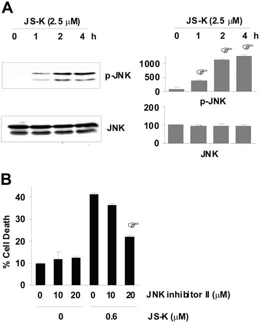 Figure 6. JS-K–induced apoptosis is mediated via the JNK pathway. (A) JS-K induces phosphorylation of JNK in MM.1S cells. MM.1S cells were exposed to 0.6 μM JS-K for 0 to 4 hours, and then whole-cell lysates were subjected to Western blotting with antiphospho(Thr183/Tyr185)-JNK antibody. Reblotting with anti-JNK antibody confirmed equal loading. Representative Western blots (left panel), and percentage of mean quantitative densitometric values (± SD) from 3 independent experiments (right panel) are shown. *P < .01 compared with 0-hour control. (B) MM.1S cells were cultured with (or without) JS-K (0.6 μM) for 48 hours after 2 hours of preincubation with JNK inhibitor II (0, 10, or 20 μM). Cells were then assayed for apoptosis by Annexin V/PI staining. Data represent mean (± SD) of triplicate experiments. *P < .01 compared with no JNK inhibitor II, JS-K (0.6 μM) control