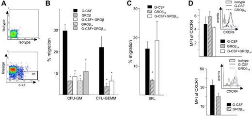 Figure 6. In vitro migration of mobilized CFU, KL and SKL cells. (A) Mobilized PBMCs were depleted of lin+ cells, stained with FITC-conjugated anti-c-kit and c-kit+ lin− cells (shown in R1) isolated by FACS, and subjected to in vitro migration to 100 ng/mL of rmSDF-1α. (B) Percent CFU-GM or GEMM migration in KL mobilized cells in response to recombinant murine SDF-1α. Data are expressed as mean (± SEM) from 2 experiments with 3 mice per group. *P < .05 compared with G-CSF. (C) Migration of CD34-SKL cells in mobilized peripheral blood in response to 100 ng/mL recombinant murine SDF-1α. Data are expressed as mean (± SEM) from 2 experiments with 20 mice per group. *P < .05 compared with G-CSF. (D) Expression of cell surface (left) and intracellular CXCR4 (right) for SKL cells mobilized by G-CSF and GROβΔ4. The insert shows one representative plot; the bar graph represents mean (± SEM) from 3 replicate experiments with 10 mice per group.