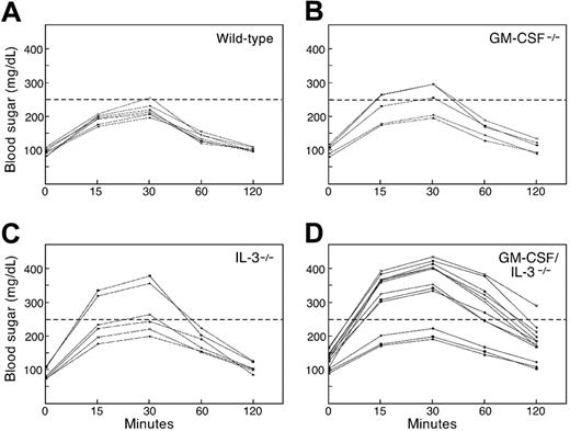 Figure 3. GM-CSF/IL-3–deficient mice show abnormal glucose tolerance tests. Wild-type (n = 8), GM-CSF–deficient (n = 5), IL-3–deficient (n = 6), and GM-CSF/IL-3–deficient (n = 12) mice were injected intraperitoneally with a glucose challenge, and blood (taken from the mice's tails) were serially analyzed. Nine GM-CSF/IL-3–deficient mice showed significantly greater peak blood sugar levels that remained elevated at the end of the test compared with all other groups (P < .001, Wilcoxon rank sum test).