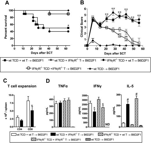 Figure 2. The detrimental effects of IFNγ are mediated through the donor T cell. TCD splenocytes from G-CSF–mobilized wt or IFNγR−/− donors were added to purified wt or IFNγR−/− T cells (n = 10 per group) and transplanted into irradiated (1100 rad) B6D2F1 recipients. TCD splenocytes from wt donors were transplanted into B6D2F1 recipients (n = 3) as non-GVHD controls. (A) Survival determined by Kaplan-Meier analysis. *P < .05 recipients of wt TCD splenocytes plus wt T cells and IFNγR−/− TCD splenocytes plus wt T-cell grafts versus wt TCD splenocytes plus IFNγR−/− T cells and IFNγR−/− TCD splenocytes plus IFNγR−/− T cells. (B) GVHD clinical scores were determined as a measure of GVHD severity in surviving animals **P < .01 recipients of wt TCD splenocytes plus wt T cells and IFNγR−/− TCD splenocytes plus wt T-cell grafts versus wt TCD splenocytes plus IFNγR−/− T cells and IFNγR−/− TCD splenocytes plus IFNγR−/− T cells. (C) Donor CD4+ and CD8+ T cells were quantified 12 days after SCT in B6D2F1 recipients of either wt TCD plus wt T cells (□; n = 6) or wt TCD plus IFNγR−/− T cells (■; n = 6). *P < .05. (D) Levels of TNFα, IFNγ, and IL-5 were determined by cytokine bead array from sera 7 days after transplant. Data expressed as means plus or minus SE of individual animals (n = 9-10 in allogeneic groups, n = 3 in TCD). *P < .05, #P < .001 versus relevant control group.