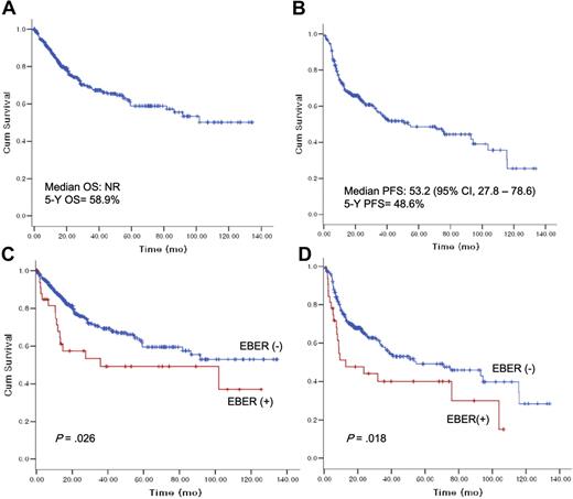 Figure 2. Overall survival and progression-free survival according to Epstein-Barr virus–encoded RNA-1 status.