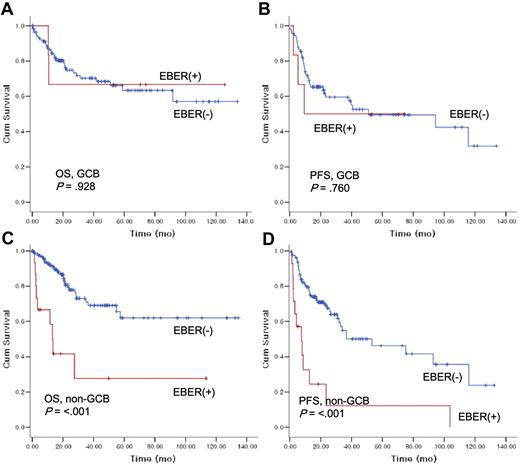 Figure 4. The impact of Epstein-Barr virus–encoded RNA-1 status on overall survival and progression-free survival according to histologic subtypes.