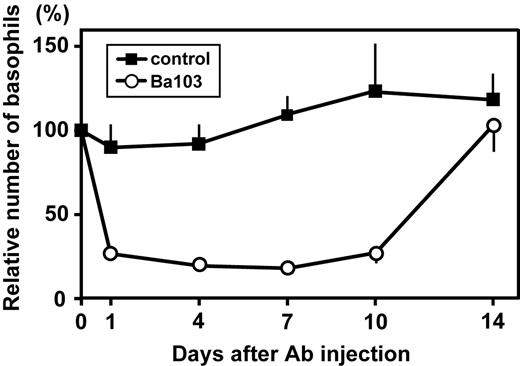Figure 4. Time course of the basophil depletion in Ba103-treated mice. BALB/c mice were treated with an intravenous injection of 30 μg Ba103 (○) or control rat IgG (■). At the indicated time points after the injection, spleen cells were isolated and stained for FcϵRIα and CD49b to identify and count the basophils. The relative number of basophils in spleen after the injection of Ba103 (○) or control IgG (■) over time is shown. The cell numbers on day 0 (before the treatment) were set as 100%. Data are expressed as the mean (± SEM) of 5 mice in each group and are representative of 3 repeated experiments.
