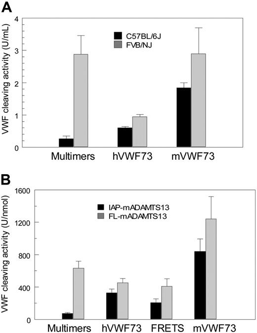 Figure 5. Substrate-dependent variation of VWF cleaving activity of mouse plasma samples and recombinant mouse ADAMTS13 proteins. (A) Activity levels of FVB/NJ and C57BL/6J plasma samples against VWF multimers (multimers), human VWF73 fusion peptide (hVWF73), and mouse VWF73 fusion peptide (mVWF73). Mouse plasma samples were assayed for activity of cleaving the indicated substrates, and all values were expressed using normal human plasma as the reference. Each column in the graph represents the mean and standard deviation of results from 23 FVB/NJ or 21 C57BL/6J different mouse plasma samples for VWF multimers and 5 different plasma samples each for the VWF peptide substrates. FVB/NJ plasma ADAMTS13 was much more effective than C57BL/6J plasma in cleaving VWF multimers (P < .001). This difference diminished from 11- to 1.6-fold when either human or mouse VWF73 was used as the substrate. (B) Activity levels (means and standard deviations) of recombinant full-length ADAMTS13 protein and its IAP-a variant against various types of substrates. FRETS indicates FRETS-VWF73. Recombinant proteins were assayed for enzymatic activity against the indicated substrates. All values were expressed against normal human plasma as the reference. Each column represents the mean and standard deviation of results obtained with 3 lots of the protein. The IAP-a protein was less effective than full-length mouse ADAMTS13 in cleaving VWF multimers (P < .001). The difference diminished from 9- to 1.4- to 2.0-fold when VWF73 peptides were used as the substrates.