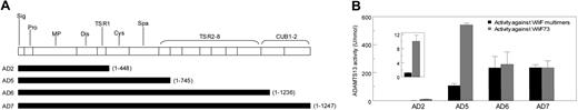 Figure 6. Comparison of the activity levels of recombinant human ADAMTS13 and its truncated variants against VWF multimers or human VWF73 fusion peptide. (A) The lengths of the recombinant proteins used in the experiment are depicted against the domain structure of ADAMTS13. (B) The activity levels of each protein against VWF multimers (■) or human VWF73 fusion peptide (▩) are depicted. Recombinant proteins were assayed for activity of cleaving either VWF multimers or human VWF73 fusion peptide. All values were expressed using normal human plasma as the reference. Each column represents the mean and standard deviation of results obtained from 3 lots of the protein. The inset shows a magnification of the results for AD2. AD2 and AD5 were relatively less effective in cleaving VWF73 multimers than cleaving VWF73 peptide (P < .05 and < .001, respectively). No such substrate-dependent difference was observed for AD6 or AD7.