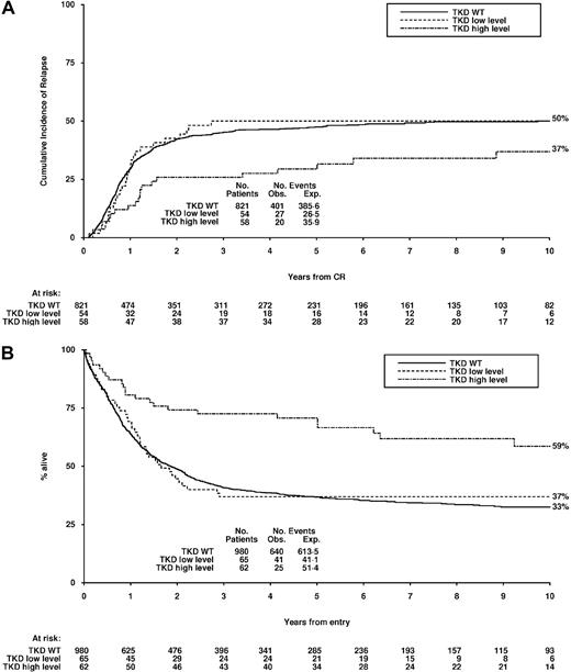 Figure 5. Clinical outcome for non-APL AML patients stratified according to FLT3/TKD mutant level. (A) CIR and (B) OS. High-level mutations, more than 25% of FLT3 alleles; low-level mutations, 25% of FLT3 alleles or less.
