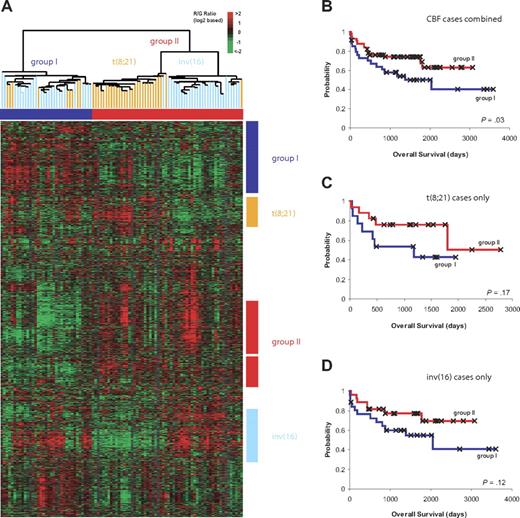 Figure 1. Unsupervised hierarchical cluster analyses. (A) Thumbnail overview of an unsupervised 2-way hierarchical cluster analysis of 93 CBF AML cases (columns) and 8556 variably expressed genes (rows). Mean-centered gene-expression ratios are depicted by a log2 pseudocolor scale (indicated). Gray denotes poorly measured data. Samples are color-coded according to the cytogenetic groups t(8;21) and inv(16). The sample dendrogram shows that CBF samples separated into 2 major subgroups, as indicated. Gene clusters characterizing the respective groups as well as t(8;21) and inv(16) are highlighted by colored bars. (B) Kaplan-Meier estimates of overall survival in the 2 CBF subgroups; the difference between groups I and II was significant (P = .029, log-rank test). The “x” symbols indicate censored data. (C,D) Kaplan-Meier estimates of overall survival of CBF subgroups based on unsupervised hierarchical cluster analysis in t(8;21) (C) and inv(16) cases only (D).