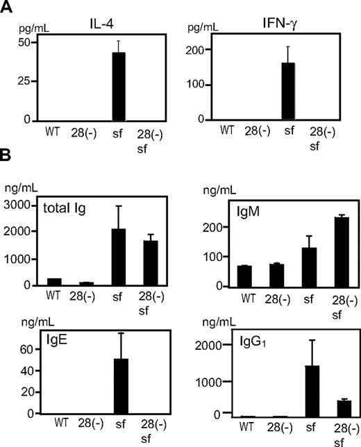 Figure 5. Analysis of in vivo lymphocyte functions of cd28−/− scurfy mice. Serum from cd28−/− and cd28+/+ scurfy mice were analyzed for (A) interleukin-4 and interferon-γ, and (B) immunoglobulin isotypes. WT: C57BL/6, 28(-): cd28−/− mice with C57BL/6 background, 28(-) sf: cd28−/− scurfy mice, sf: cd28+/+ scurfy mice (mean ± SD, n = 3).