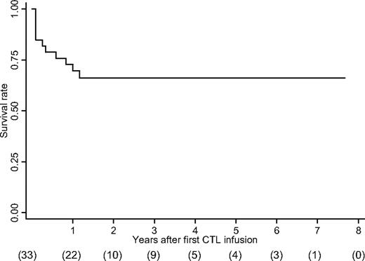 Figure 1. The Kaplan-Meier overall survival rate. The values in brackets indicate the number of patients followed up at each time point after the first CTL infusion.