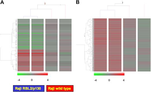 Figure 5. Gene-expression analysis of RBL2/p130 transfected vs untransfected cells. (A,B) Supervised analysis (t test ANOVA, P < .01), wild-type versus RBL2-transfected Raji cells, 103 genes modulated after transfection (A). Genes with Pearson correlation of at least 0.95 to RBL2/p130 (B).
