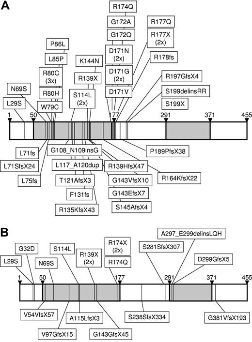 Figure 1. Schematic presentation of the location of RUNX1 mutations. The horizontal bars represent the full linear polypeptide sequence from amino acid 1 to 455 of RUNX1β. Amino acid numbering is given above the bars. The DNA-binding RHD (amino acids 50-177) and the TA domain (amino acids 291-371) are indicated in gray. The location of mutations is indicated by thin vertical lines with the type of mutation on the protein level given in text boxes for (A) the AML M0 cohort and for (B) the non-AML M0 cases.