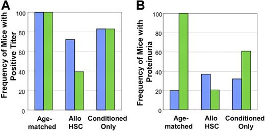 Figure 7. Reversal of lupus-like disease in 8-month-old New Zealand black × New Zealand white (NZBW) mice treated by nonmyeloablative allogeneic transplantation. (A) Eight-month-old NZBW mice that received allogeneic hematopoietic stem cells had a reversal of their disease, as measured by a decrease in the frequency of antihistone autoantibody titers after transplantation. In contrast, the frequency of antihistone autoantibody titers in mice that received only the conditioning regimen showed no change. Bar graphs indicate the frequency of mice with positive antihistone titers before (blue) and after (green) treatment. Serum was collected the week before treatment and again before death or at 335 days after treatment. The frequency of positive titers in mice was not significant between these groups before treatment (P = .249), but was significant after treatment (P = .008). (B) Reversal and stabilization of proteinuria in mice that received transplants with mild to moderate disease. Bar graphs indicate the frequency of proteinuria, urine protein 1 g/L (100 mg/dL) or more, in NZBW mice before (blue) and after (green) treatment. Eight-month-old NZBW mice with mild to moderate disease before treatment, with urine protein 1 g/L (100 mg/dL) or less, were monitored up to 335 days posttreatment. NZBW mice that received allogeneic hematopoietic stem cells had a reversal or stabilization of their disease quantified as a decrease in the frequency of proteinuria after transplantation. The cohort receiving the conditioning treatment only showed an increase in frequency of proteinuria after treatment. Frequency of proteinuria in mice was not significant between these groups before treatment (P = .415), but was significant after treatment (P ≤ .001). Data were combined from 2 experiments.