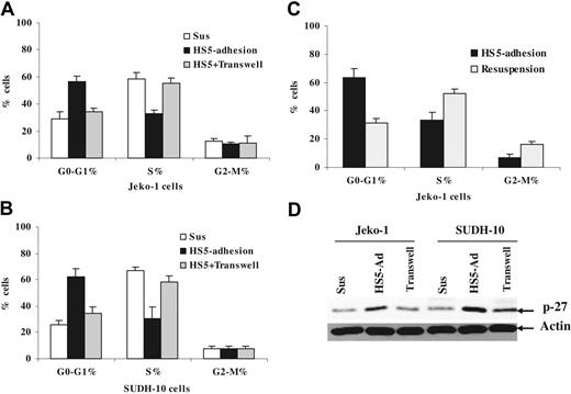 Figure 1. Cell adhesion to bone marrow stroma induces a reversible cell-cycle arrest and increases p27Kip protein levels. Jeko-1 (A) or SUDH-10 (B) lymphoma cells (105/mL) were incubated for 12 hours either in the absence of HS-5 bone marrow stromal cells (Sus), or on a confluent HS-5 monolayer (HS5-adhesion), or in the same well with a confluent HS-5 monolayer but separated by cell culture inserts (HS-5 + Transwell). (C) Jeko-1 cells were resuspended for 12 hours after adhering to HS-5 (Resuspension). After the indicated time, lymphoma cells were followed by pulsing with BrdU for 40 minutes and staining with anti-BrdU-FITC for detection of S-phase cells and PI for cell-cycle distribution. Data shown are the mean of 3 experiments. (D) Direct cell-cell contact but not soluble factor(s) increased p27Kip1 expression analyzed by Western blot in Jeko-1 and SUDH-10 lymphoma cells. All data are representative of at least 4 experiments (means ± SD).