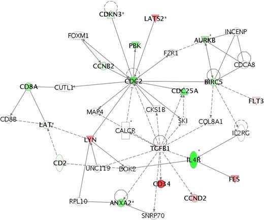 Figure 3. Network analysis of genetic pathways active in the IF cohort shows a checkpoint arrest at G1/S transition. To identify biologic function and interactions in the differentially expressed genes in the 116-member genomic classifier, we used Ingenuity Systems software to map gene networks and identifying potentially dysregulated pathways in the IF T-ALL cohort. Network analysis shows that TGFβ1, LYN, and LATS2 interact with and down-regulate CDC2 and CDC25 to result in a arrest of cell cycle progression at the G1/S checkpoint. Absent from this network analysis are genes governing drug metabolism (p450 enzymes) or apoptotic pathways. Each gene node represents a functional class, for which an upward-pointing triangle indicates a phosphatase, a downward-pointing triangle indicates a kinase, a vertical rectangle indicates a G-protein–coupled receptor, a square indicates a cytokine, and a circle indicates genes having other functions, to include surface receptors and adhesive ligands. Nodes that are colored in red indicate relative up-regulation, and nodes in green indicate relative down-regulation.