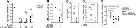 Figure 4. Repression of Ig secretion by MRL/lpr MΦs is defective coincident with a failure to secrete soluble mediators. Sm-specific B cells (1 × 105) were stimulated with LPS (30 μg/mL) and cocultured with the indicated number of C57BL/6 (n = 5) or MRL/lpr (n = 9) BMMΦs (A) or LPS-activated BMMΦ CM from C57BL/6 (n = 5) or MRL/lpr (n = 9) mice (B) for 4 days. IgMa/κ was determined by ELISA. LPS-stimulated B cells (100%) secreted 1.2-20 μg/mL. (C) IL-6 levels in LPS-activated BMMΦ CM from C57BL/6 (○) or MRL/lpr (●) MΦs were determined by ELISA. (D) MΦs derived from C57BL/6 and MRL/lpr mice were LPS stimulated (15 μg/mL) for 3 hours then stained with anti-CD40L. The quantitative data from 5 experiments (100 cells/experiment) is shown. The absolute number of LPS-stimulated C57BL/6 MΦs that expressed CD40L averaged 55%. (E) Sm-specific B cells (1 × 105) were stimulated with LPS (30 μg/mL) and cocultured with LPS-activated MΦ CM from ex vivo C57BL/6 (n = 6), C57BL/6.lpr (n = 6), MRL (n = 5), predisease MRL/lpr (n = 5), or postdisease MRL/lpr (n = 6) mice for 4 days. IgMa/κ was determined by ELISA. LPS-stimulated B cells (100%) secreted 1-4 μg/mL. Each circle represents an individual mouse. The horizontal bars mark the mean secretion. Statistical analysis was performed using the exact Wilcoxon rank-sum test to compare all experimental groups to LPS-stimulated C57BL/6 MΦs (panels A-C) or the one-sample t test to compare unstimulated cultures to stimulated cultures (panel D) or experimental groups to C57BL/6 MΦ CM (panel E) (*P ≤ .05).