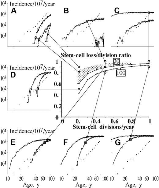 Figure 2. Predicted stem-cell loss: division ratios required to confer latent periods of more than 80 years on clones initiated by mutations conferring “exponential phenotype.” Example solutions of the identity E(t) = (logφ-log2-logμ)/(log2(λ-μ)) (see “Latent period equations” under “Results” for derivation) are shown in the central graph for E(t) = 80 years. Two lines are shown, the upper corresponding to 20 malignant cells being required for diagnosis and the lower, 100 cells. A range of expected stem-cell division rates shown on the horizontal axis to a maximum of once per year with stem-cell loss (differentiation or apoptosis) rates, expressed as a proportion of expected stem-cell division rates, shown on the vertical axis. The panels surrounding the main graph illustrate predicted log-log age-specific incidence curves from a simulation program described in the main text. Each panel shows the predicted curves corresponding to the stem-cell division and loss rates indicated by the lines connecting to circles on the central graph. Predicted curves corresponding to 20 cells per year contributing to erythropoiesis are joined to the connecting line on the simulation at a circle, while those corresponding to 100 cells are joined at a square. Observed data are indicated by diamonds unconnected by lines. Combinations of stem-cell division and loss parameter values below the illustrated lines give latencies of less than 80 years, corresponding to simulations that result in flat age-specific incidence curves at ages earlier than that observed (panels F and G, both 20 and 100 cells to present; panel D, 20 cells to present). Combinations of stem- cell division and loss parameter values above the illustrated lines give latencies of more than 80 years, corresponding to simulations that result in age-specific incidence curves that mainly fail to flatten at higher ages. However, 2 other effects are also apparent. First, clones may present after chance expansion and this process results in relatively flat age-specific presentations. This effect is illustrated in panels B and C, resulting from stem-cell loss/division ratios of 1, and is particularly noticeable when numbers of stem cells required to present and stem-cell division rates are low. Indeed, in this simple model, malignant stem-cell division rates of over once per year are incompatible with exponential phenotypes causing observed log-log behavior. In addition, if stem-cell division rates are low, then high stem-cell loss/division ratios fail to cause a sufficiently high number of presenting cases (A, especially lack of simulated line corresponding to 100 cells/year contributing to erythropoiesis at loss/division ratio of 0.9). Approximate log-log behavior in this simple model for 20 malignant stem cells contributing to erythropoiesis thus results from combinations of stem-cell division and loss parameter values in the shaded area (panels A and E).