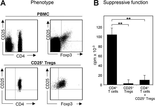 Figure 1. Phenotype and function of CD25+ Treg cells freshly isolated from leukapheresis products. CD4+ T cells and CD25+ Treg cells were isolated from buffy coats and leukapheresis products (up to 1.5 × 1010 whole cells).8 (A) PBMCs and freshly isolated CD25+ Treg cells were stained with the indicated markers using fluorescence-labeled mAb and analyzed by flow cytometry. (B) Functional testing of CD25+ Treg cells. A total of 1 × 105 freshly isolated human CD25+ Treg cells and CD4+ T cells were incubated with 3 × 105 irradiated (5000 rad, 50 Gy) PBMCs in the presence of 0.5 μg/mL anti-CD3. Proliferation was determined by 3H-Tdr incorporation on day 3; measurements were performed in triplicates.