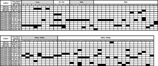 Figure 3. Summary and location of all the specificities recognized by each individual with chronic infection. Shaded boxes indicate a positive CD4+ response. Peptides: p1 = aa11-30, p298 = aa2981-3000.
