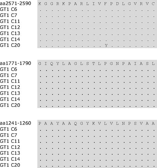 Figure 5. Autologous sequence of GT1a-infected chronic patients in the region of three frequently detected epitopes in resolved HCV infection.