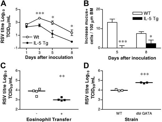 Figure 1. Hypereosinophilic mice show accelerated viral clearance in the lung. (A) WT (○) and hypereosinophilic (IL-5 Tg; ●) mice were inoculated with RSV at day 0 and viral clearance or (B) increases in numbers of mucus-secreting cells per 100 μm of airway epithelial basement membrane monitored at the times indicated. (C) Eosinophils (5 × 106 cells) isolated from hypereosinophilic mice were adoptively transferred to WT mice 2 hours prior to inoculation with RSV. Viral titer was determined at 6 dpi. Bars represent the median value. (D) WT or ΔdblGATA mice were inoculated with RSV and viral titer quantified at 5 dpi. Data represent the mean plus or minus SEM (n = 3-6 mice per experimental group). Bars represent the median value. *P < .05; **P < 0.01; ***P < .001.