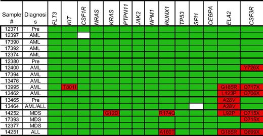 Figure 3. Nucleotide changes in the SCN samples. Nonsynonymous nucleotide changes and gene deletions or insertions are highlighted in red; white boxes indicate missing sequence data. Known SNPs are excluded from this analysis. Pre- and post-leukemic samples from the same patient are outlined.