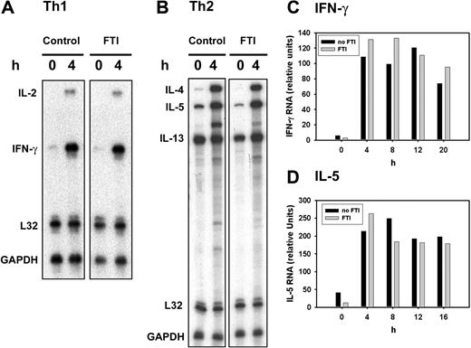 Figure 5. FTI treatment can suppress cytokine production without significantly inhibiting cytokine mRNA induction. (A,B) Th1 (A) and Th2 (B) T cells were preincubated with 10 μM of FTI CP 390392 or culture medium for 24 hours followed by stimulation with PMA/ionomycin at 37°C for the indicated time periods (0-20 hours). FTI was included during the whole culture period. After indicated intervals, stimulation was stopped by placing the cells on ice followed by cell lyses with TRIZOL. After adjustment of total mRNA content, cytokine mRNA were detected after in vitro transcription and hybridization using the mCK-1 murine cytokine set (BD Biosciences, Bedford, MA) and RiboQuant and RPA Kit (BD Biosciences, Bedford, MA). (C,D) Following a kinetics analysis, intensity of radiolabeled signals on the exposed films was analyzed using UN-SCAN-IT (Silk Scientific, Orem, UT) image analyzer software. IFN-γ and IL-5 mRNA content were quantified as relative units, comparing the mRNA cytokine signal intensity to the intensity of housekeeping gene mRNA (L32, GAPDH).