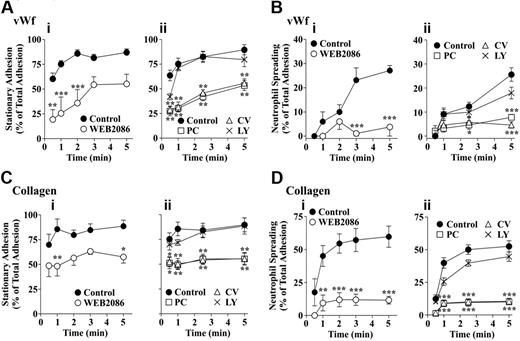 Figure 7. PAF plays a major role in supporting neutrophil adhesive behavior on the surface of thrombi. Citrated whole blood was perfused over a (A,B) VWF (100 μg/mL) or (C,D) collagen type I (2 mg/mL) for 5 minutes at 1800 s−1 to form thrombi followed by perfusion of cell-free Tyrode buffer supplemented with 1 mM CaCl2/MgCl2 for 5 minutes. Isolated neutrophils (1 × 106/mL) resuspended in supplemented Tyrode buffer were pretreated with Me2SO (Control) or PAF receptor antagonists WEB2086 (30 μM), PC-4248 (PC; 5 μM), CV-3988 (CV; 5 μM), or the LTB4 receptor antagonist, LY255283 (LY; 20 μM), for 5 minutes prior to perfusion over VWF or collagen thrombi. Neutrophil-thrombus interactions were visualized by phase contrast microscopy and the proportion of adherent neutrophils forming firm adhesion contacts (A,C) and spreading (B,D) was quantitated. Results are presented as means (± SEM; n = 2-4). *P < .05, **P < .01, ***P < .001.
