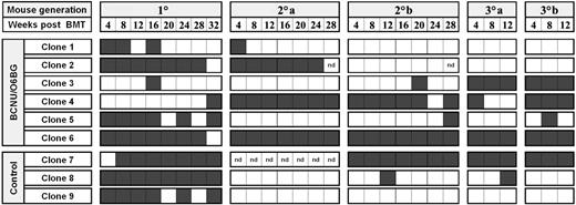 Figure 6. Tracking analysis of individual clones. The activity of individual clones over time in mice that underwent primary (1°), secondary (pair 2°a, 2°b), and tertiary (pair 3°a, 3°b) transplantation is shown. All mice that underwent tertiary transplantation received bone marrow from the corresponding secondary mouse 2°b not 2°a. Clone numbers refer to listed clones in Table 1. Dark squares indicate time points where the clone was detectable either by LAM-PCR and sequencing or by clone-specific tracking PCR. n.d. indicates not done.