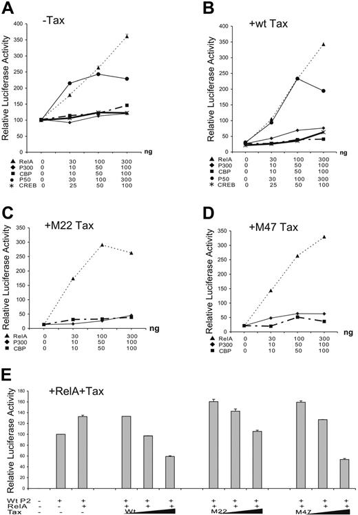 Figure 3. Effect of NF-κB, CREB, CBP, and p300 on TIPS. Jurkat-LT cells were plated in 12-well tissue culture dishes at 1 × 106cells/well and 1.5 μg plasmids was transiently transfected using SuperFect transfection Reagent (Qiagen). Wild-type SHP-1 P2 promoter (wt-P2-Luc, 500 ng) was cotransfected with increasing amounts of p65 (RelA) or p50 of NF-κB family (0, 30, 100, and 300 ng), CREB (0, 25, 50, 100 ng), CBP (0, 10, 50, 100 ng), or p300 (0, 10, 50, 100 ng) in the absence (A) or presence of 200 ng wt Tax (B), M22 Tax (C), or M47 Tax (D). (E) Wild-type SHP-1 P2 promoter (wt-P2-Luc, 500 ng) was cotransfected without or with 30 ng RelA plasmid and 100, 200, or 400 ng wt, M22, or M47 Tax. Cell lysates were assayed in triplicates for luciferase activity and values represent the mean ± SD of 2 experiments. The relative luciferase activity was normalized against basal SHP-1 P2 promoter luciferase reporter alone (set as 100).