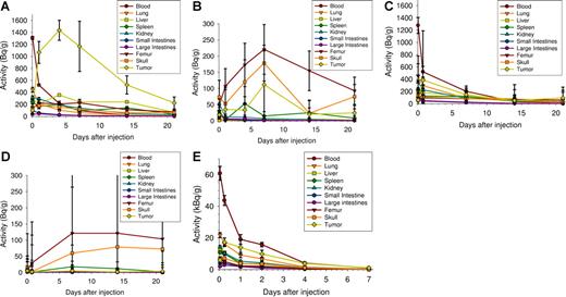 Figure 2. Biodistribution of RICs in mice with CD20+ Raji xenografts. Uptake and retention of 227Th-p-benzyl-DOTA-rituximab (A-B), 227Th-p-benzyl-DOTA-trastuzumab (C-D) and 125I-ibritumomab-tiuexetan (E) in tumor xenografts and normal tissues were measured at various time points after injection into athymic mice bearing Raji xenografts. The activity per gram was measured using the 236-keV line of 227Th (A,C) and a germanium detector. (B,D) Activity per gram of 223Ra measured using the 154-keV line of 223Ra. The measured 227Th activities were normalized to an injection of 200 kBq/kg body weight. The activity of 125I was measured using a γ counter and normalized to an injection of 7.5 MBq 90Y/kg body weight. Error bars represent SE. A total of 6 to 8 mice were used.