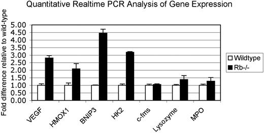 Figure 4. Up-regulation of hypoxia-inducible genes in Rb-null fetal liver without changes in macrophage-specific or PU1 target genes. Quantitative real-time PCR using wild-type and Rb-null total E13.5 fetal liver cDNA was used to validate and extend data from differential microarray analysis of gene expression. Values are the mean value obtained from 3 separate data sets for each genotype with the wild-type values normalized to 1.0 and values for Rb null samples expressed relative to wild-type. Error bars represent the standard deviation from the mean for each genotype.
