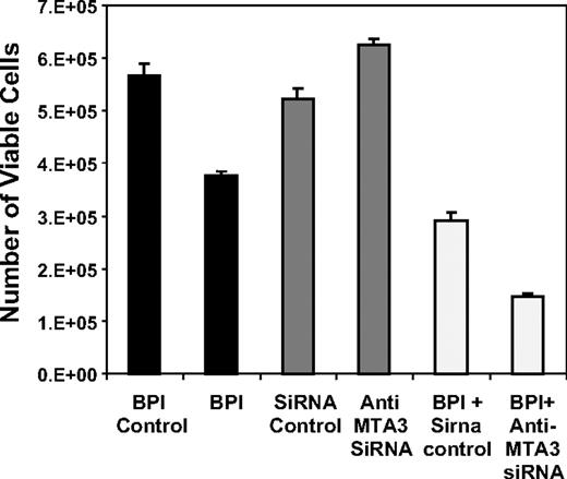 Figure 5. MTA3 depletion alone does not kill lymphoma cells but synergizes in combination with BPI. SUDHL4 DLBCL cells were exposed to BPI, control peptide, MTA3 siRNA, or control siRNA alone or in combination, and the cell viability was measured by reduction of resazurin 48 hours after the beginning of the experiment (performed in 8 replicates). The y-axis corresponds to the number of viable cells at 48 hours. Error bars are SD.