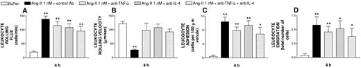 Figure 4. Effect of antirat TNFα and antirat IL-4 antisera on subacute (4-hour) Ang-II-induced leukocyte responses within rat mesenteric postcapillary venules. These responses were measured in the same rats as those described in the legend to Figure 3: venular responses of leukocyte rolling flux (A), leukocyte rolling velocity (B), leukocyte adhesion (C), and leukocyte emigration (D) are mean (± SEM). *P < .05 or **P < .01 relative to the PBS group.