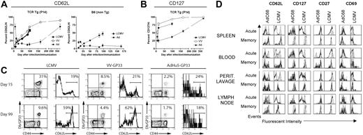 Figure 5. Kinetics of memory CD8 T-cell differentiation. (A-C) Mice were either infected with LCMV Armstrong (2 × 105 pfu intraperitoneally), or VV-GP33 (2 × 106 pfu intraperitoneally), or immunized with 1010 vp of AdHu5-GP33 intramuscularly, intravenously, or intraperitoneally (similar results were observed by all routes). Two groups of mice were used. In the first group, a small number of naive splenocytes from P14 mice (≈5 × 104 P14 cells) was adoptively transferred to naive B6 mice. The next day these P14 chimeras were infected or immunized. These are designated T-cell receptor Tg (P14). A second group of wild-type B6 mice was also used for confirmation of the P14 results (B6 non-Tg). Db/GP33-specific CD8 T-cell responses were monitored in the peripheral blood mononuclear cells of individual mice over time by MHC tetramer staining in conjunction with staining for CD62L and CD127. (A,B) The kinetics of CD62L and CD127 reversion on the population of Db/GP33 tetramer-positive CD8 T cells is plotted for each condition including P14 chimeras and B6 mice. For each group, n is 2 to 9. Error bars in panels A and B show standard deviations between samples from individual nice. (C) Examples of individual Db/GP33 tetramer staining and CD62L expression on Db/GP33 tetramer+ CD8 T cells are shown for each condition at 2 time points. The numbers show percent double positive cells over all cells positive for a given marker for the dot blots and percent of cells that were expressed high levels of a given marker as indicated by the brackets in the histograms. (D) Groups of BALB/c mice were immunized intramuscularly with 1010 vp of AdC68HIVgag37 for the acute cohort and 5 × 1011 vp for the memory cohort; they were killed at day 10 (acute) or 15 months (memory) after immunization. Groups of C57BL/6 mice were immunized intraperitoneally with 2 × 105 pfu LCMV Armstrong and killed on day 8 (acute) and 7 months (memory) after immunization. Lymphocytes isolated from indicated tissues were stained with a HIVgag tetramer for the AdC68HIVgag37–immunized mice and a GP33 tetramer for the LCMV mice. Cells were also stained with anti-CD8 and the indicated surface markers, and analyzed by flow cytometry. Results shown are gated on tetramer-positive cells (black line) or naive cells (filled curve).