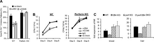 Figure 2. Perforin-dependent fratricide causes defective NK function in the absence of 2B4-CD48 interactions. (A) WT and perforin KO LAK cells were stimulated with anti-NK1.1 mAb–coated plates in the presence of anti-2B4 or anti-CD48 blocking antibodies. After 6 hours of stimulation, culture supernatants were measured for granzyme secretion via the BLT esterase assay. *P < .05. Results are representative of 3 independent experiments. (B) WT and perforin KO NK cells were cultured in complete media supplemented with IL-2 in the presence of anti-2B4 or anti-CD48 blocking antibodies. Thymidine incorporation was measured at different times during culture. Results are representative of 3 independent experiments. (C) Five days after injection with CpG, NK cells from WT, 2B4 KO, perf KO, and perf/2B4 DKO mice were counted. Fold expansions were calculated by dividing NK numbers of mice injected with CpG by NK numbers in noninjected control mice; n=3 mice per group, and data are representative of 2 independent experiments. Error bars are SD.