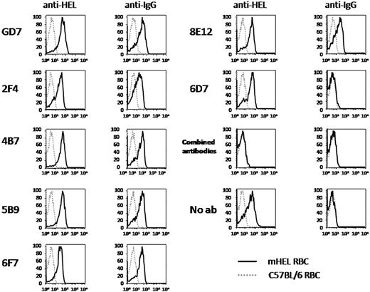 Figure 3. Individual monoclonal anti-HEL antibodies do not induce antigen loss. C57BL/6 mice were passively immunized with the indicated anti-HEL monoclonal antibodies. Control mice received no antibody. Mice were transfused with a mixture of mHEL RBCs labeled with DiI and C56BL/6 RBC labeled with DiO. Three days after transfusion, peripheral blood was obtained, stained with polyclonal anti-HEL antiserum followed by fluorescently labeled anti-mouse IgG, and anti-HEL staining was measured by flow cytometry. This experiment was reproduced 3 times with similar results. Representative flow plots and histograms are shown.